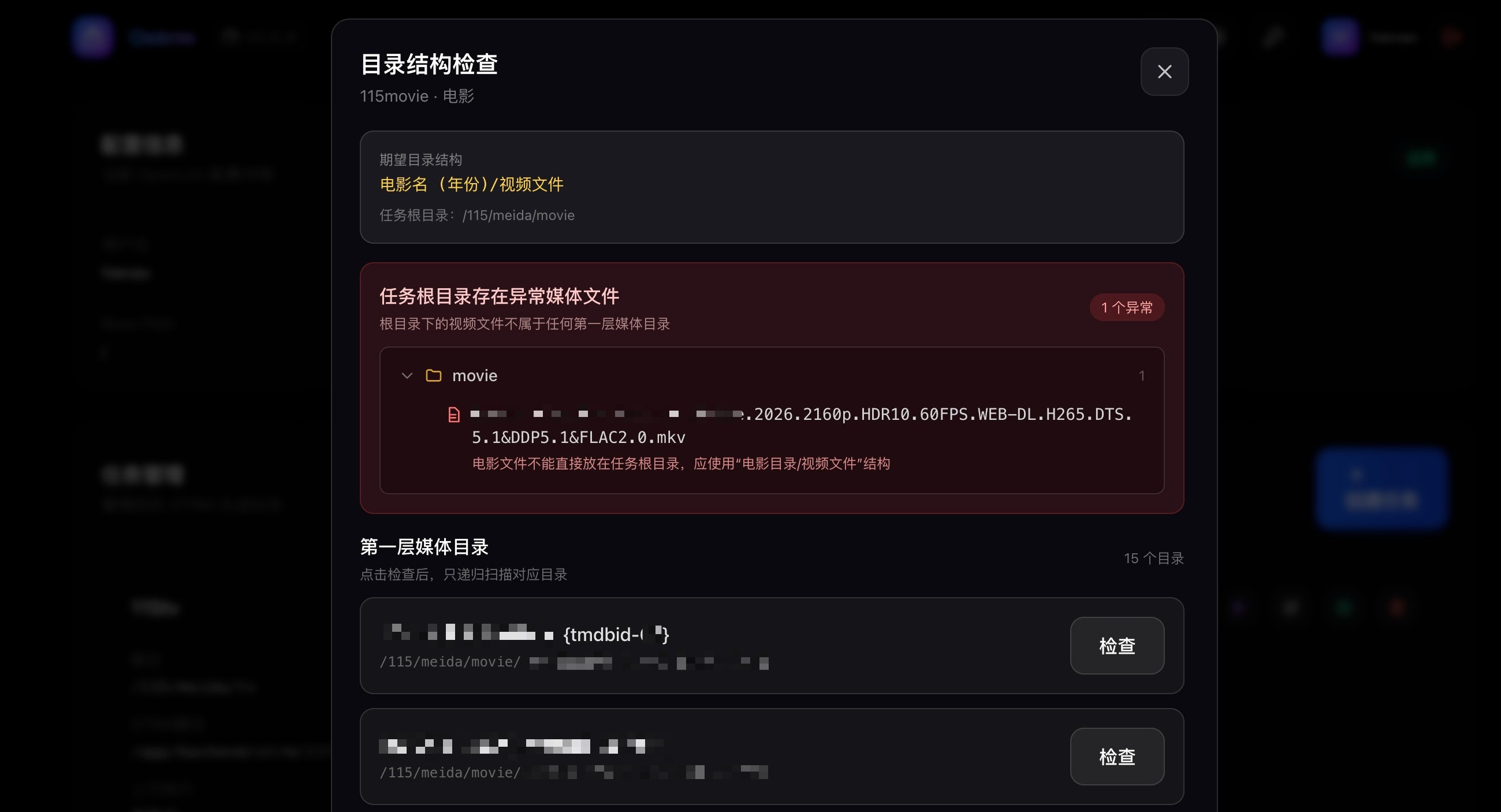 目录结构检查弹窗，展示期望目录结构、异常媒体文件和第一层媒体目录检查入口